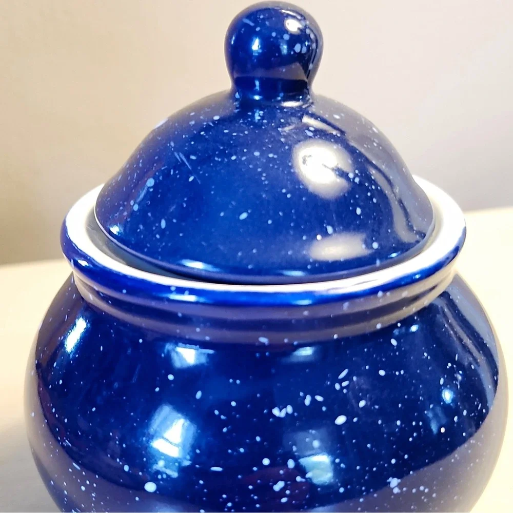 Blue White Speckled Ceramic Porcelain Canister Jar with Lid, Round 4.5 in